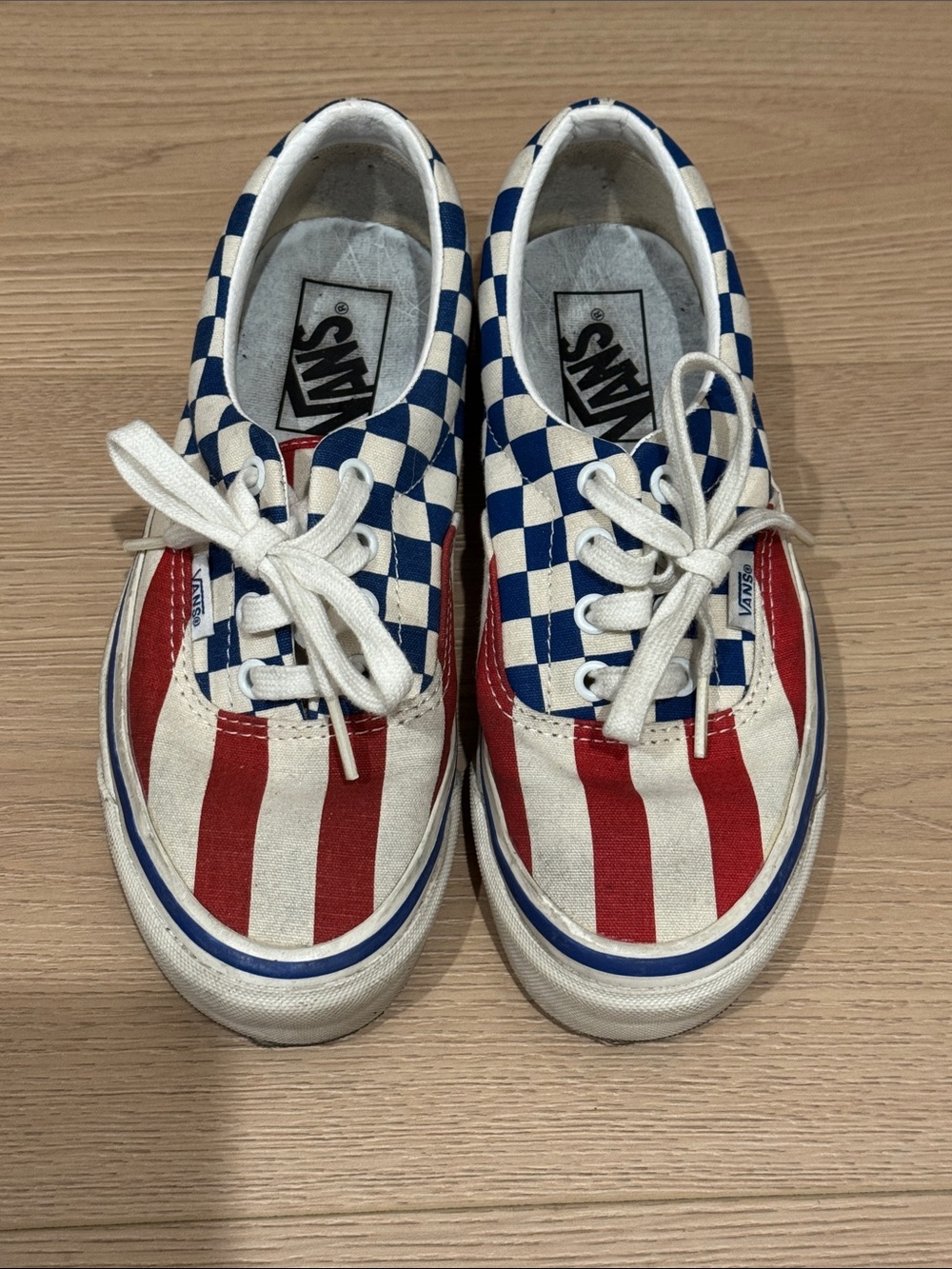 Vans 5.5 Red, White & Blue Checkerboard and Stripe Lace-Up Sneakers